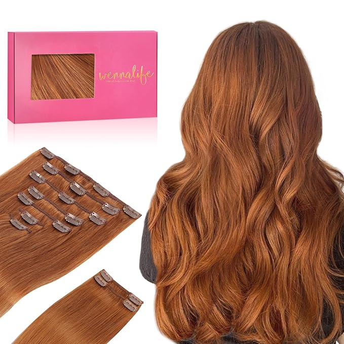 WENNALIFE Clip in Hair Extensions Real Human Hair, 22 Inch 150g 9pcs Human Hair Extensions Clip In, Dirty Ginger Hair Extensions Clip In Real Hair Coloured Remy Human Hair Extensions