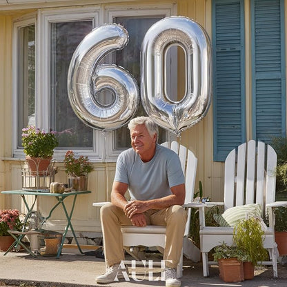 AULE 40 Inch Silver 60 Balloon Number Foil 0-9 Birthday Big Numbers | Birthday - Image 2