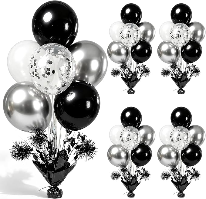 4 Set Black Silver Balloon Centerpieces by Unknown