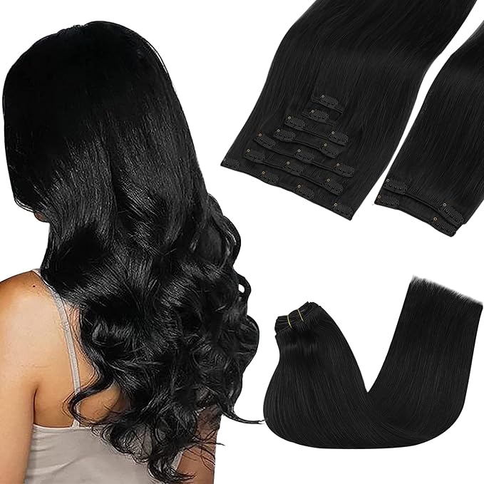 GOO GOO Clip in Hair Extensions Real Human Hair, Remy Human Hair Extensions Clip ins for Women, Natural Human Hair, 24inch 240g 9Pcs, #1 Jet Black