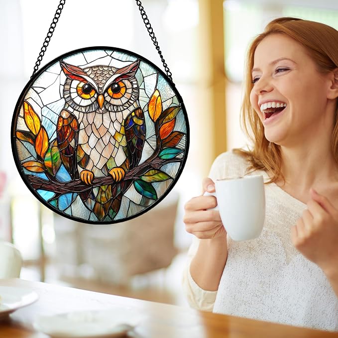 DASTOLL Stained Glass Window Hanging, Owl Colorful Leaves Birds Sun Catchers - Image 2