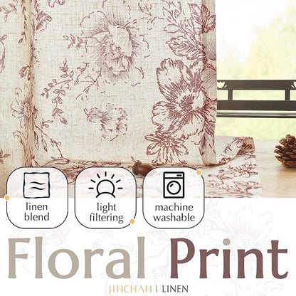 jinchan Red Floral Linen Curtains 90 Inch Vintage Back Tab 2 Panels | Light - Image 5