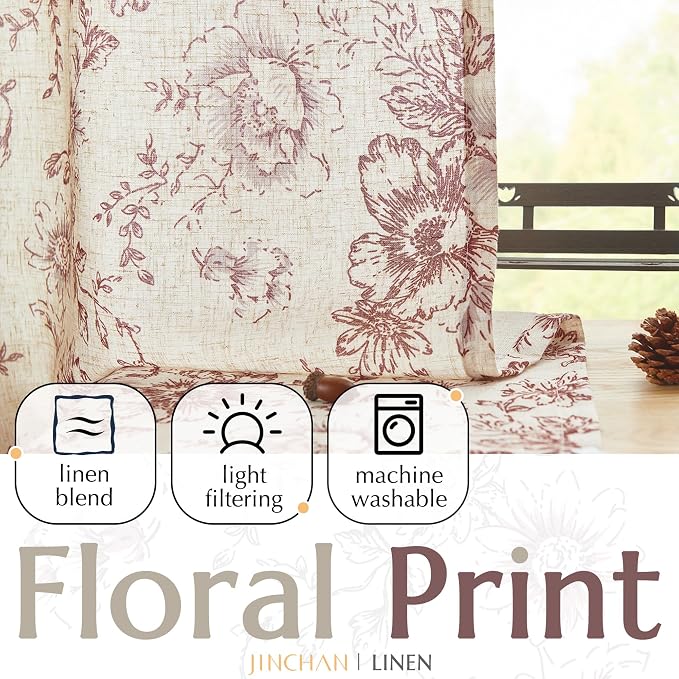 jinchan Red Floral Linen Curtains 84 Inch Farmhouse Back Tab 2 Panels | Light - Image 5