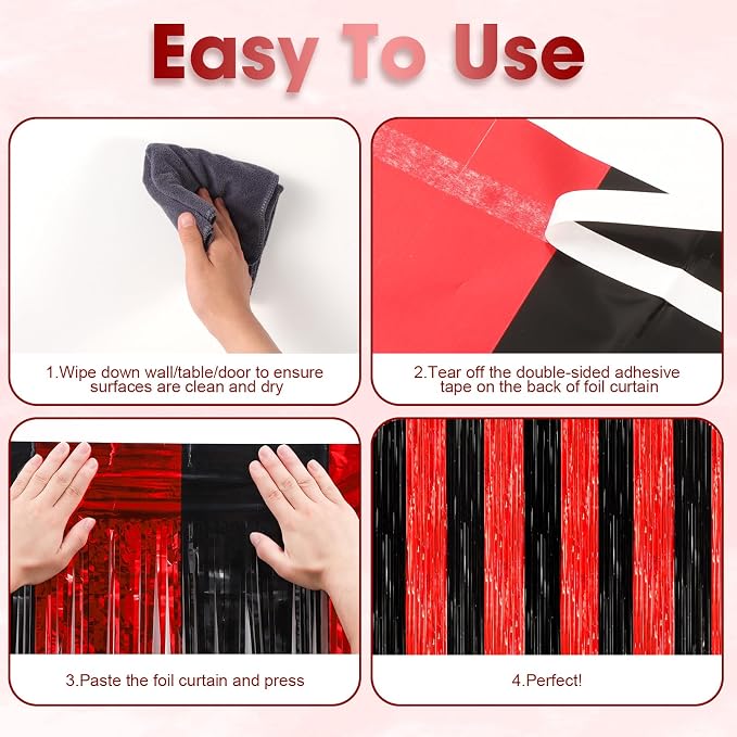 Voircoloria Red Black Foil Fringe Backdrop Curtains, 2 Pack | Tinsel Streamers - Image 4