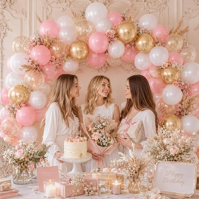 Pink White Gold Balloons, 12 Inch Double Stuffed Pearl Pale Baby Light Pink - Image 2