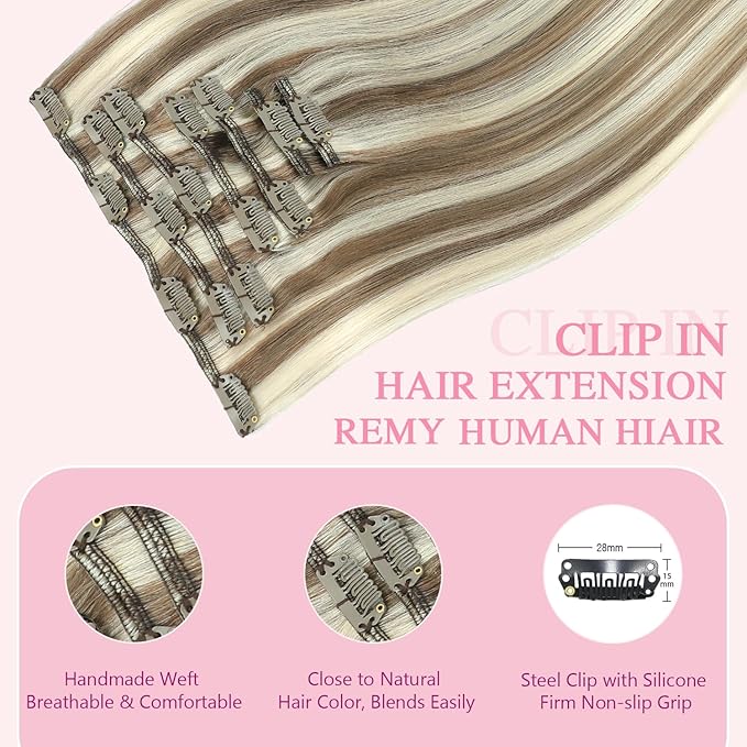 PINKPEARL Clip in Hair Extensions Straight Human Hair #8P60 Ash Brown Highlighted Platinum Blonde Clip in Extensions Remy Real Human Hair Extensions 7pcs 120g 14 Inch(#8P60-14)