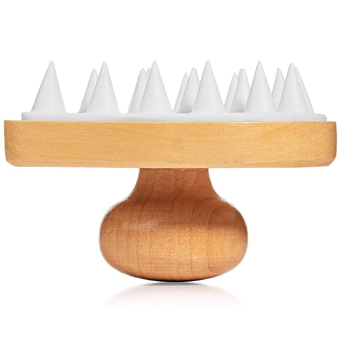 GranNaturals Wooden Shampoo Scrubber Brush - Shower Scalp Massager for Men & Women - Head Exfoliator with Silicone Bristles - Helps Promote Healthy Blood Flow, Dandruff Removal