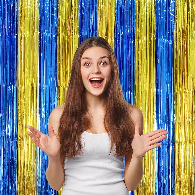 Voircoloria Blue Gold Foil Fringe Backdrop Curtains, 3 Pack | Tinsel Streamers - Image 5