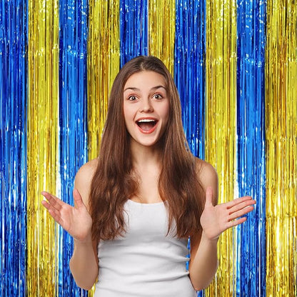 Voircoloria Blue Gold Foil Fringe Backdrop Curtains, 3 Pack | Tinsel Streamers - Image 5