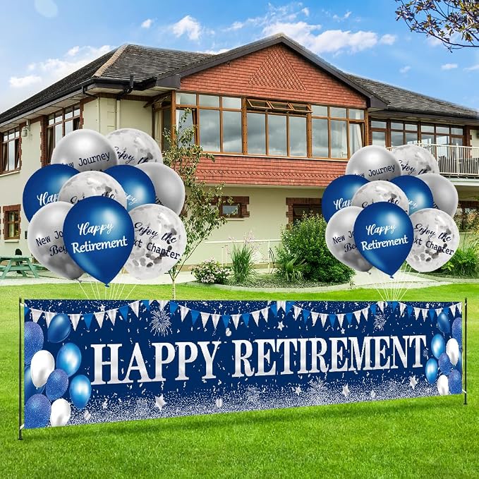 GOLDCROW Retirement Party Decorations Blue Silver Happy Retirement Banner - Image 5