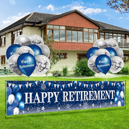 GOLDCROW Retirement Party Decorations Blue Silver Happy Retirement Banner - Image 5