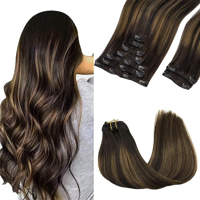 GOO GOO Clip in Hair Extensions Real Human Hair, Remy Human Hair Extensions Clip ins for Women, Natural Human Hair, 22inch 150g 9Pcs, 2/6/2 Balayage Dark Brown to Chestnut Brown