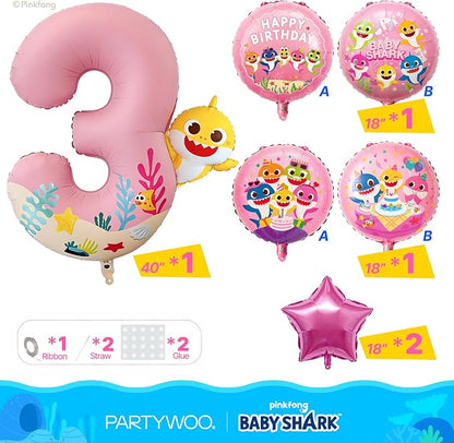 PartyWoo Baby Shark Pink Foil Round Star Mylar Number 3 Balloons 5pcs | Balloons - Image 3