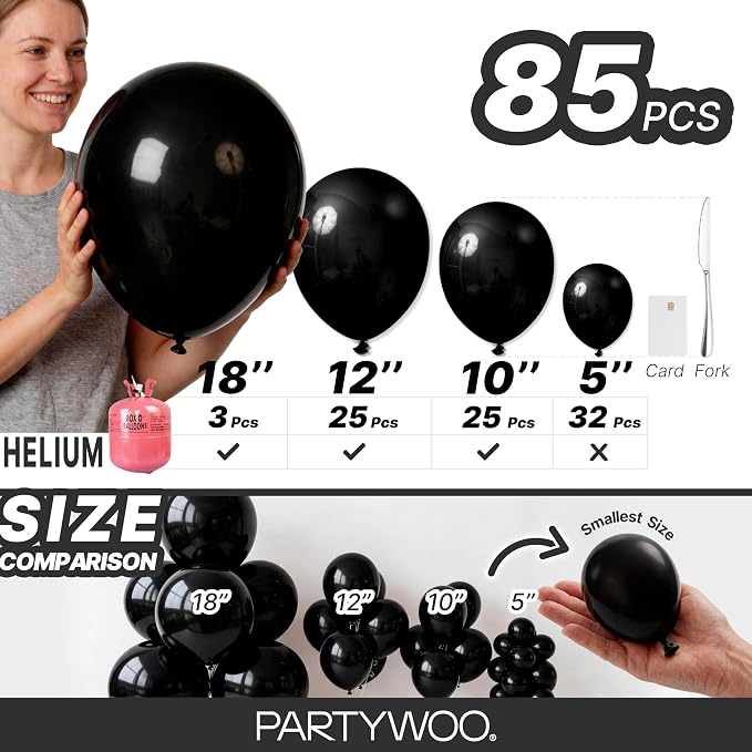 PartyWoo Black Balloons 85pcs Different Sizes of 18 12 10 5 Inch | Balloons - Image 6