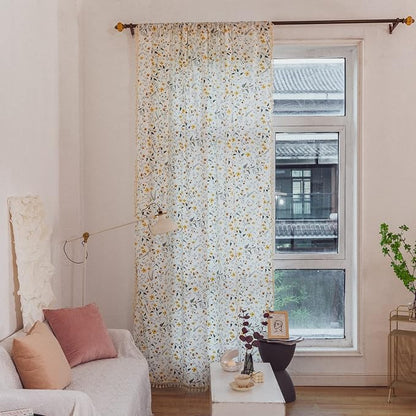 Sutuo Home Boho Curtain Semi-Blackout Yellow Florals Print Cotton Linen Fabric - Image 2