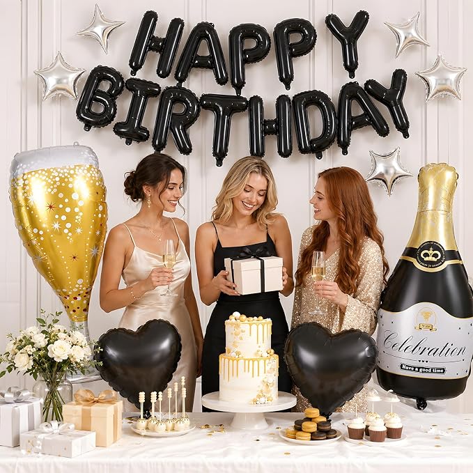 Black Happy Birthday Balloons Banner, Champagne Bottle Glass Balloon - Image 6