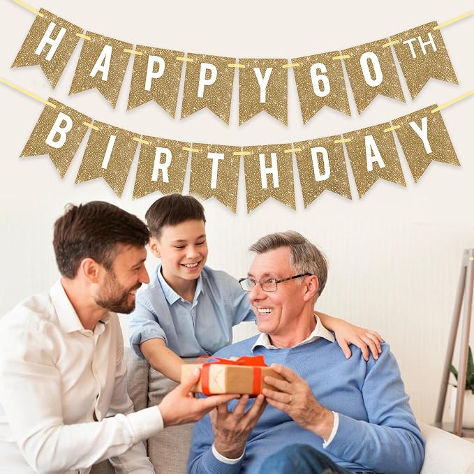 Netnology Pre-Strung Gold Glitter 60th Happy Birthday Banner Decorations | 12 - Image 5