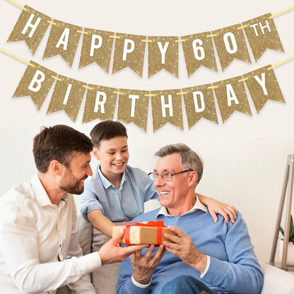 Netnology Pre-Strung Gold Glitter 60th Happy Birthday Banner Decorations | 12 - Image 5
