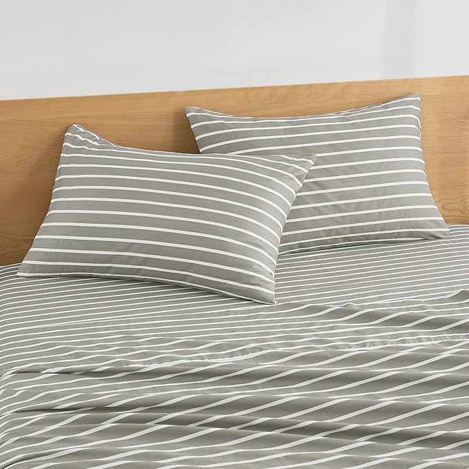 JELLYMONI 100% Natural Cotton StripedKing Pillowcases Set, 2 Pack Gray and White Stripes Pattern Printed Pillow Covers with Envelope Closure(Pillows are not Included)