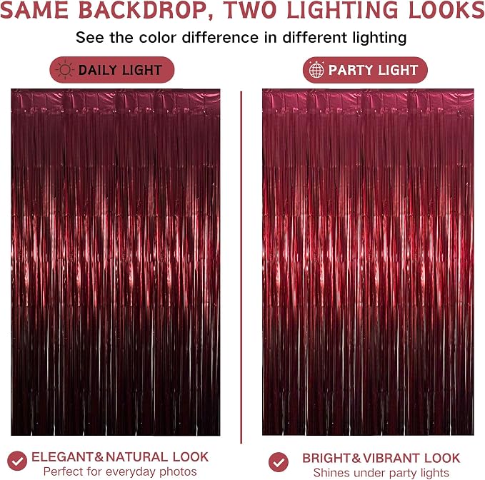 Matte Burgundy Foil Fringe Tinsel Backdrop, 4 Pack, 3.3 x 6.6 Ft | Matte Maroon - Image 2