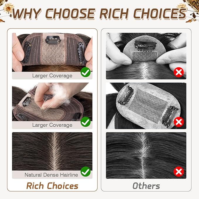 Rich Choices Real Human Hair Toppers for Women With Bang 100% Remy Human Hair Topper for Thinning Hair Clip in Silk Base Hair Topper 14 Inch #1B Natural Black