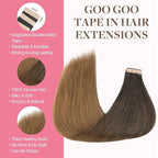 GOO GOO Tape in Hair Extensions Human Hair, 1D/2C/4E Chocolate Dip Color Melt, 12inch 40g 20pcs, Skin Weft Seamless Invisible, Silky Straight with Thick Ends, Remy Human Hair