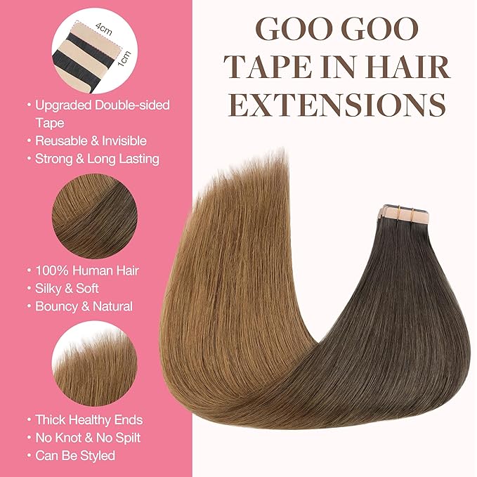 GOO GOO Tape in Hair Extensions Human Hair, 1D/2C/4E Chocolate Dip Color Melt, 10inch 60g 40pcs, Skin Weft Seamless Invisible, Silky Straight with Thick Ends, Remy Human Hair