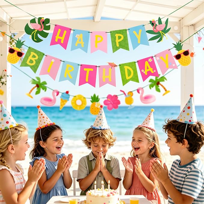 SUNBEAUTY Hawaiian Happy Birthday Banner Tropical Luau Party Birthday Flamingo - Image 8