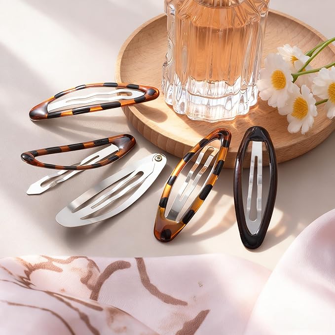 8 Pcs Hair Metal Barrettes for Women, Oval Large Barrettes, Small Snap Hair Clips for Women, Flat Non Slip Large Hair Clips (Black & Tortoise)