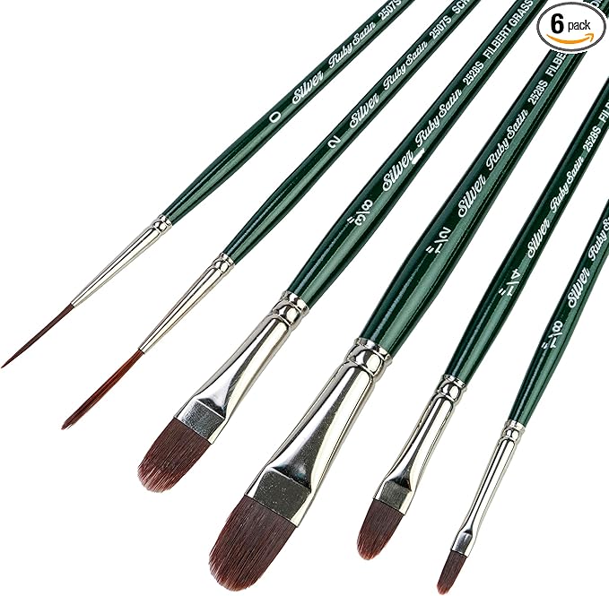 Silver Brush Limited RS-2550S Ruby Satin Short Handle Filbert Comb and Script Liner Paintbrushes with Stiff and Flexible Synthetic Bristles, 6pc Professional Artist Painting Set for Oil and Acrylic