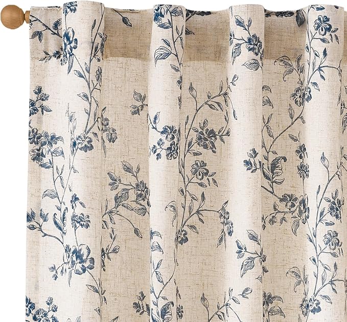 Blue Vintage Floral Linen Curtains Farmhouse 38W X 63L 2 Panels | Elisa Series by Lazzzy