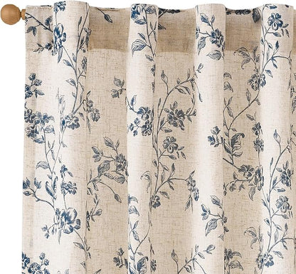 Blue Vintage Floral Linen Curtains Farmhouse 38W X 90L 2 Panels | Elisa Series by Lazzzy