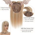 Hair Toppers for Women Real Human Hair With Bangs, 13 * 15 cm Larger Silk Base 150% Density Clip In Topper Hairpieces, Wiglet Top Pieces Add Volume -10 Inch 12P613 Golden Brown&Bleach Blonde