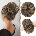 FESHFEN Messy Bun Hair Piece - Large Elastic Wavy Curly Hair Bun Scrunchies Ponytail Extensions Synthetic Chignon Hairpieces for Women, Dark Brown & Champagne Blonde 1.94oz