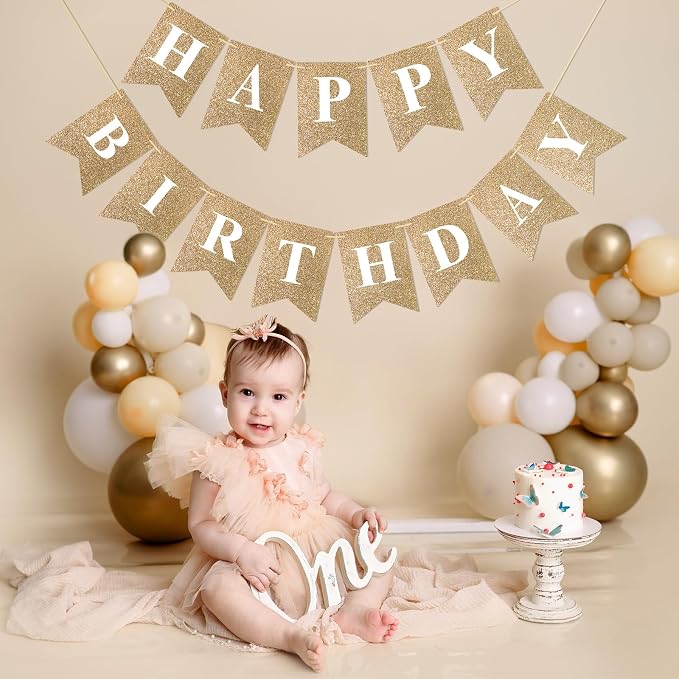 Pre-Strung Gold Happy Birthday Banner Glitter Birthday Party Banner NO DIY | - Image 6