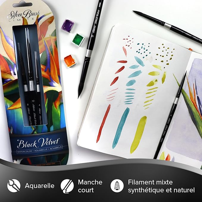 Silver Brush Limited BV-3054S Black Velvet Short Handle Small Round Brushes, Mixed Filament with Very Soft Tips, 4pc Professional Artist Painting Bundle for Watercolors, Gouache, Dyes & Silk Painting