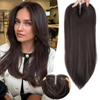 Dark Brown Synthetic Hair Toppers for Women with Thinning 3D 360° Cover Clip in Wispy Bangs Upgraded Adjustable Bandage 18 Inch Long Layered