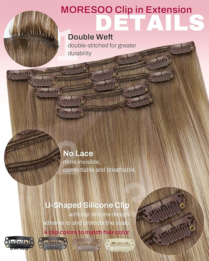 Moresoo Clip in Hair Extensions Real Human Hair Double Weft Human Hair Clip in Extensions Straight Balayage Ombre Light Brown Mixed with Golden Blonde 5pcs 80g 18inch