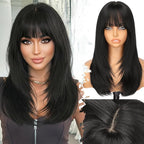 Wig with Bangs for Women Black Straight Face-Framing Layers Hairstyle 4x4 Realistic Scalp Glueless Synthetic Wigs Medium Length for Everyday Use