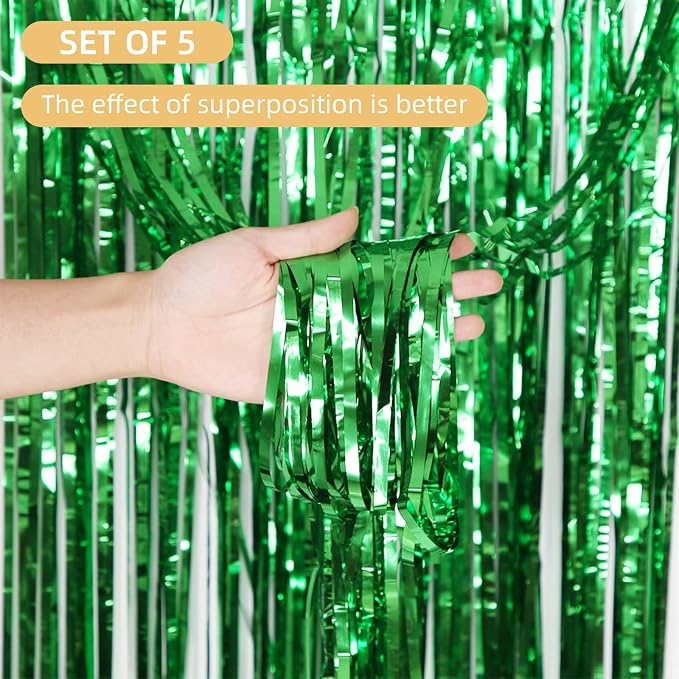5 Pack Green Fringe Backdrop 3.2ft x 8.2ft Foil Curtain Tinsel Fringe Curtains - Image 2