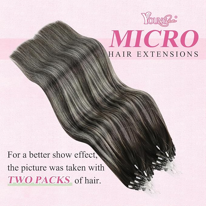 YoungSee Micro Bead Hair Extensions Real Human Hair Ombre Micro Loop Hair Extensions Human Hair Black Ombre Silver with Black Balayage Beaded Hair Extension 20In Cold Fusion Hair Natural 50g 50s