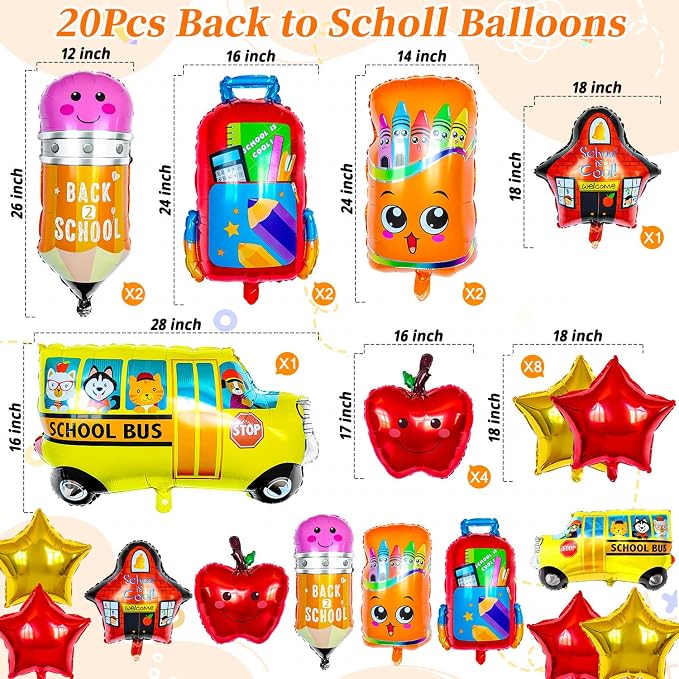 20 Pcs Back to School Balloons, Colorful School Bus Balloons Pencil Apple - Image 7