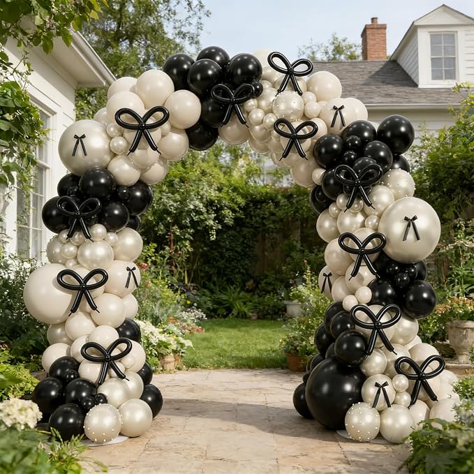 Black White Bow Balloon Arch Kit, Double-stuffed Pearl Beige Cream Balloons - Image 8