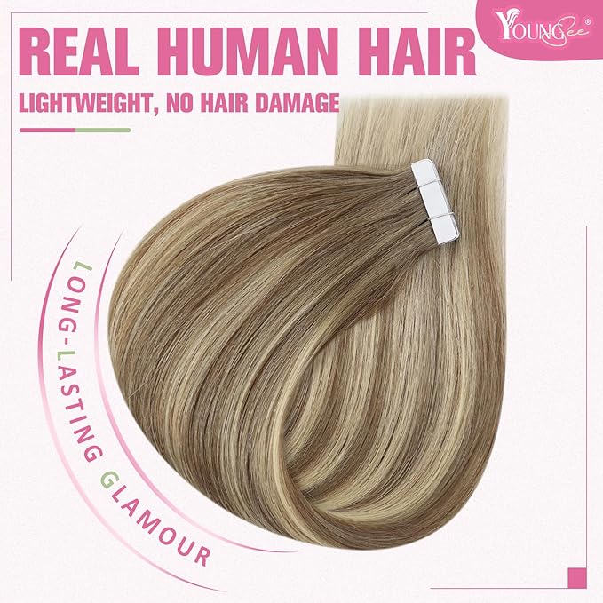 YoungSee Human Hair Tape in Extensions Balayage Invisible Tape in Hair Extensions Human Hair Light Brown Ombre Blonde Tapes ins Human Hair Long Hair Extension 24 Inch 20pcs Hair Extension Tape-in 50g