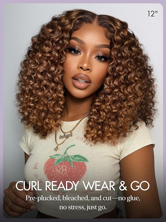 LUVME HAIR 5X5 Deep Curly 10 Inch 100% Human Hair Wigs Curly Deep Wave Glueless Lace Front 10 Inches, Pre Cut Plucked Hd Lace Short Wig Ready To Go Mix Brown Color Straight Bleached Knots Black Wigs