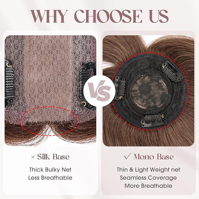 MY-LADY Human Hair Toppers for Women Real Human Hair with Bangs Thin 8.5 * 8.5CM Mono Base Clip in Remy Hairpieces Light Weight 12 Inch Medium Brown Mixed Dark Blonde