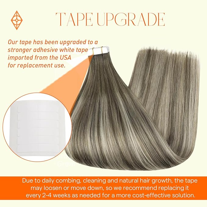 Full Shine Tape in Hair Extensions Human Hair Brown Roots Fading to Brown and Ice Blonde Balayage Straight Hair Extensions Tape in 16 Inch Double Sided Tape in Hair Extensions 50 Gram Remy Hair 20 Pcs