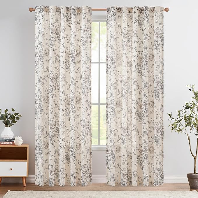 jinchan Black Floral Linen Curtains 84 Inch Vintage Back Tab 2 Panels | Light by JINCHAN