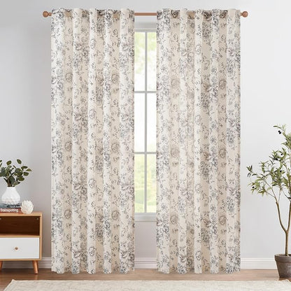 jinchan Black Floral Linen Curtains 90 Inch Vintage Back Tab 2 Panels | Light by JINCHAN