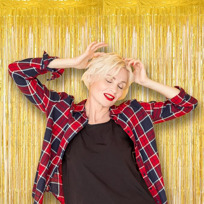Voircoloria Laser Gold Foil Fringe Backdrop Curtains, 2 Pack | Tinsel Streamers - Image 6